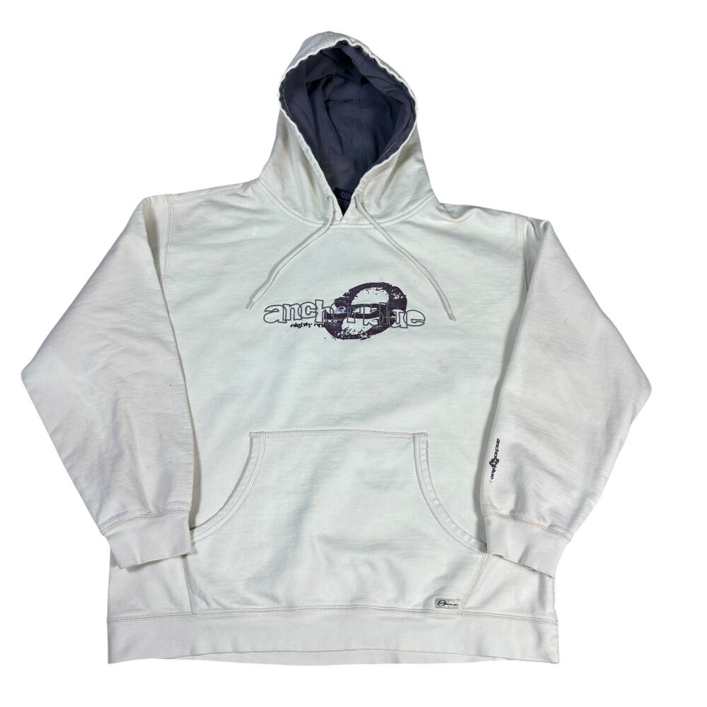 vintage y2k 2000s Anchor Blue logo cream hoodie mens Large indie skater emo